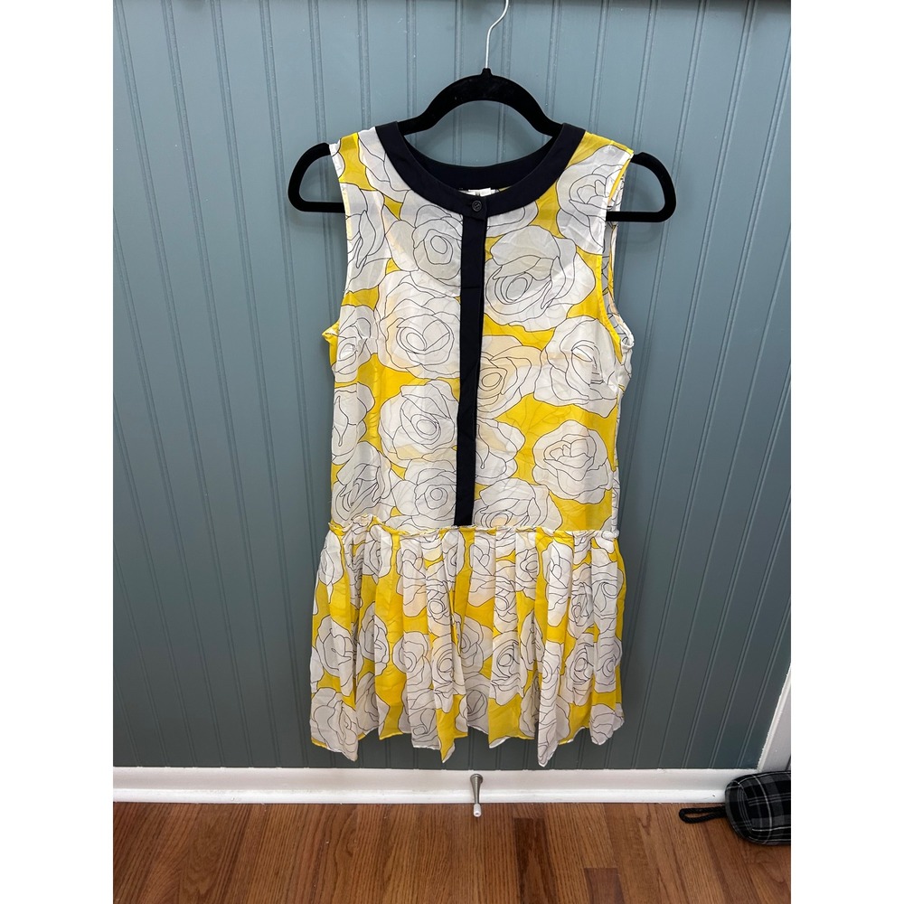 Ali Ro Womens Size 4 Yellow White Rose Floral Drop Waist Pleated Dress Silk Trim